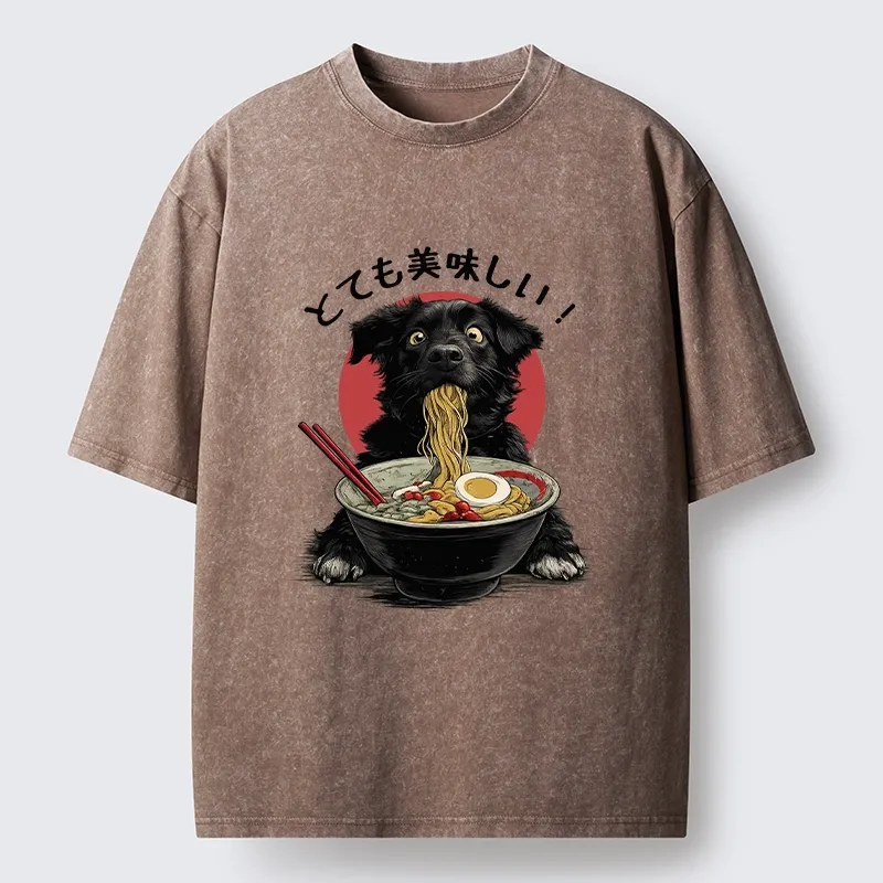 Tokyo-Lion Dog Eating Ramen Joyfully Washed T-Shirt