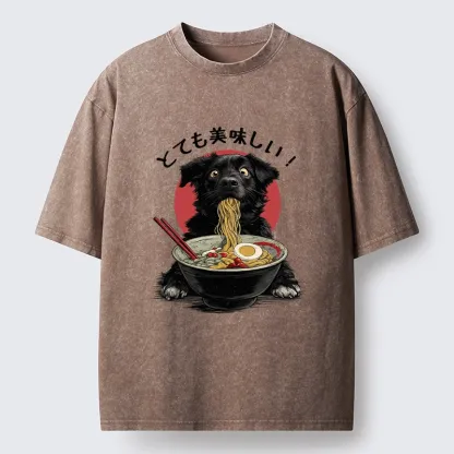 Tokyo-Lion Dog Eating Ramen Joyfully Washed T-Shirt