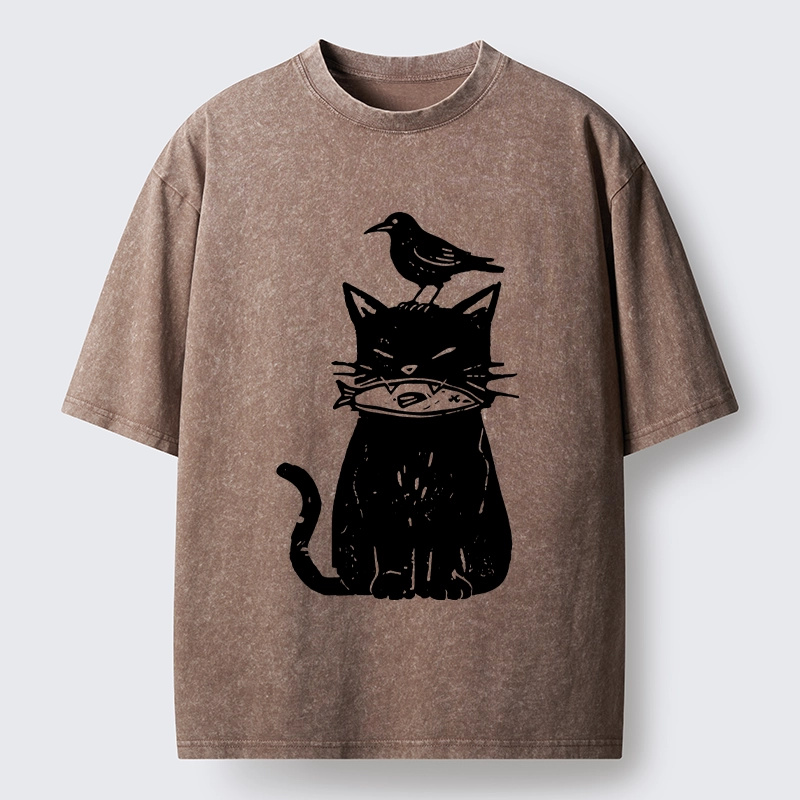 Tokyo-Lion Black Cat With Fish And Bird Washed T-Shirt