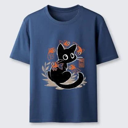 Tokyo-Lion Curious Black Cat Among Fish Classic T-Shirt-Tokyo-Lion