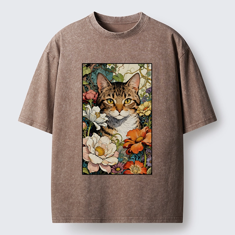 Tokyo-Lion A Cat Hidden In Flowers Washed T-Shirt-Tokyo-Lion