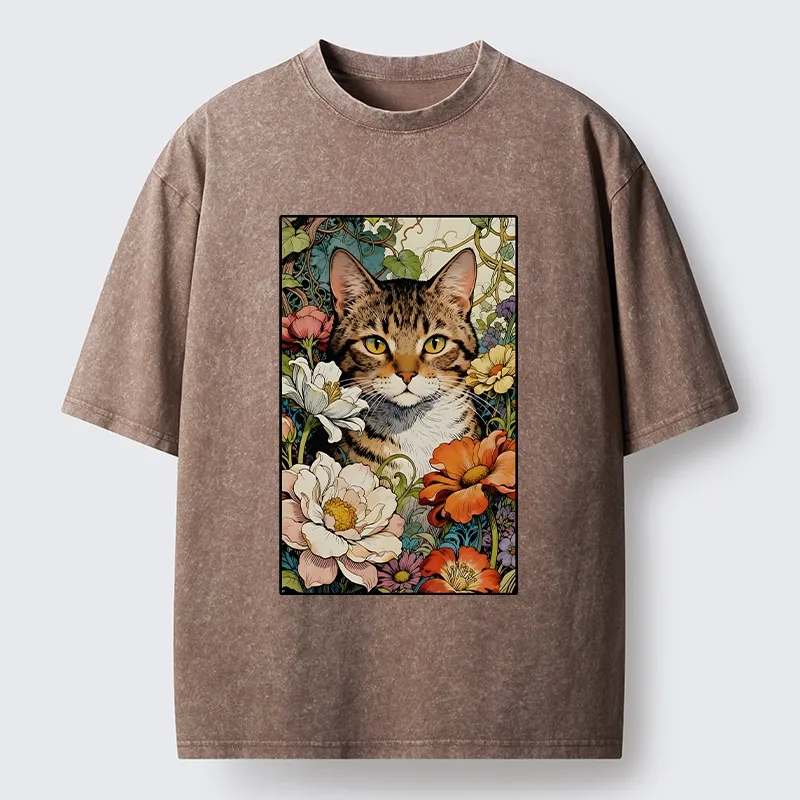 Tokyo-Lion A Cat Hidden In Flowers Washed T-Shirt-Tokyo-Lion