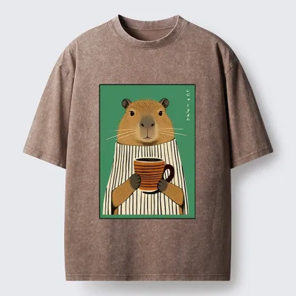 Tokyo-Lion Capybara Coffee Time Washed T-Shirt-Tokyo-Lion