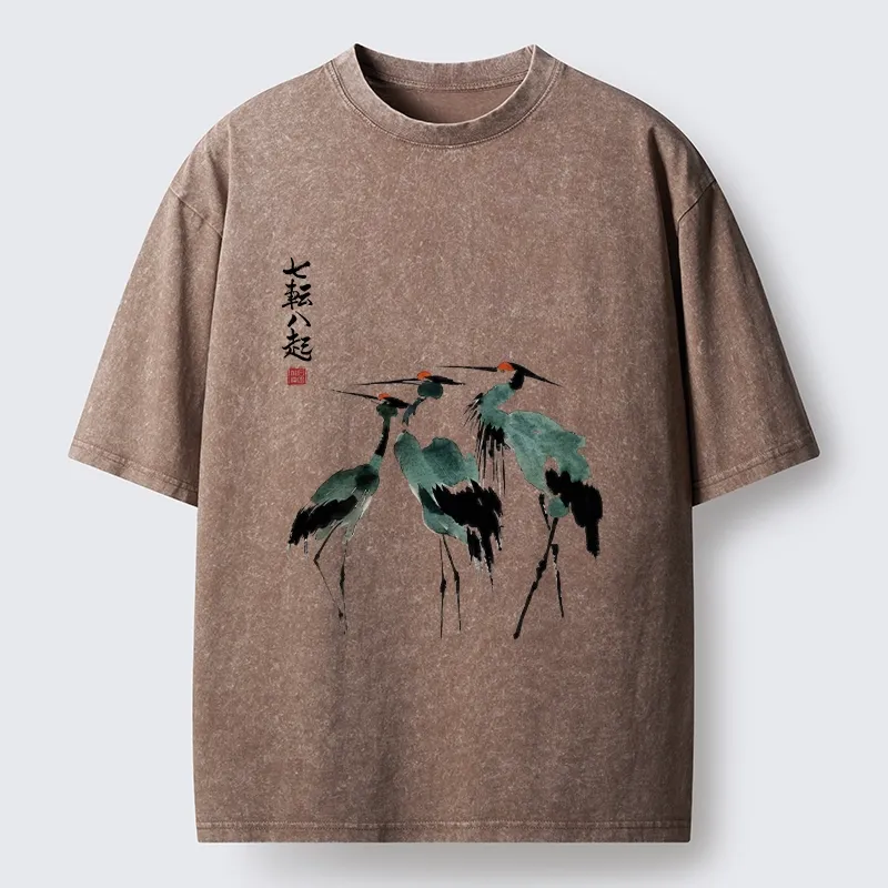 Tokyo-Lion Spirited Up Cranes Ink Painting Washed T-Shirt-Tokyo-Lion