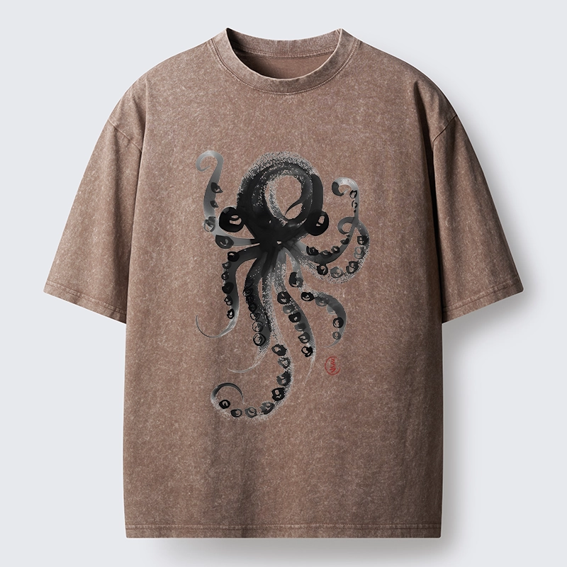 Tokyo-Lion Japanese Ink Octopus Art Washed T-Shirt