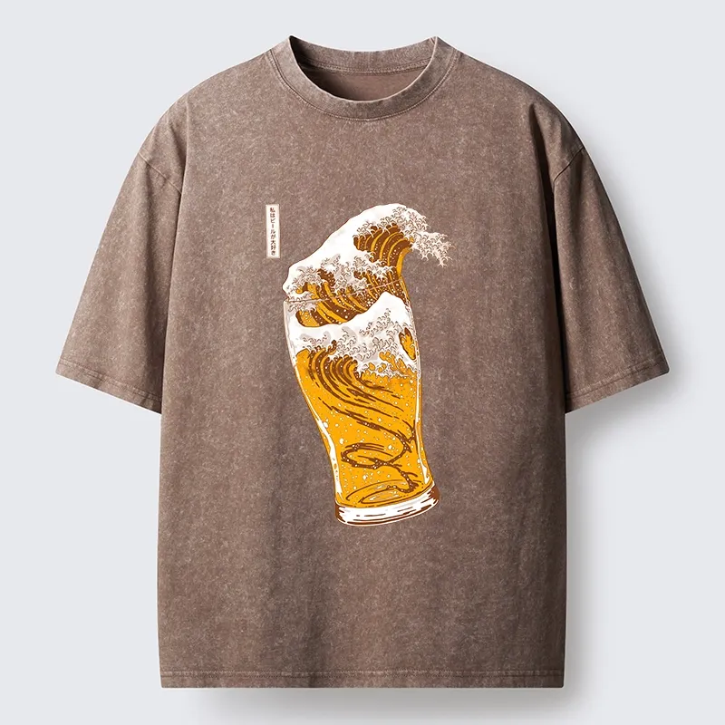 Tokyo-Lion Great Beer Wave Print Washed T-Shirt