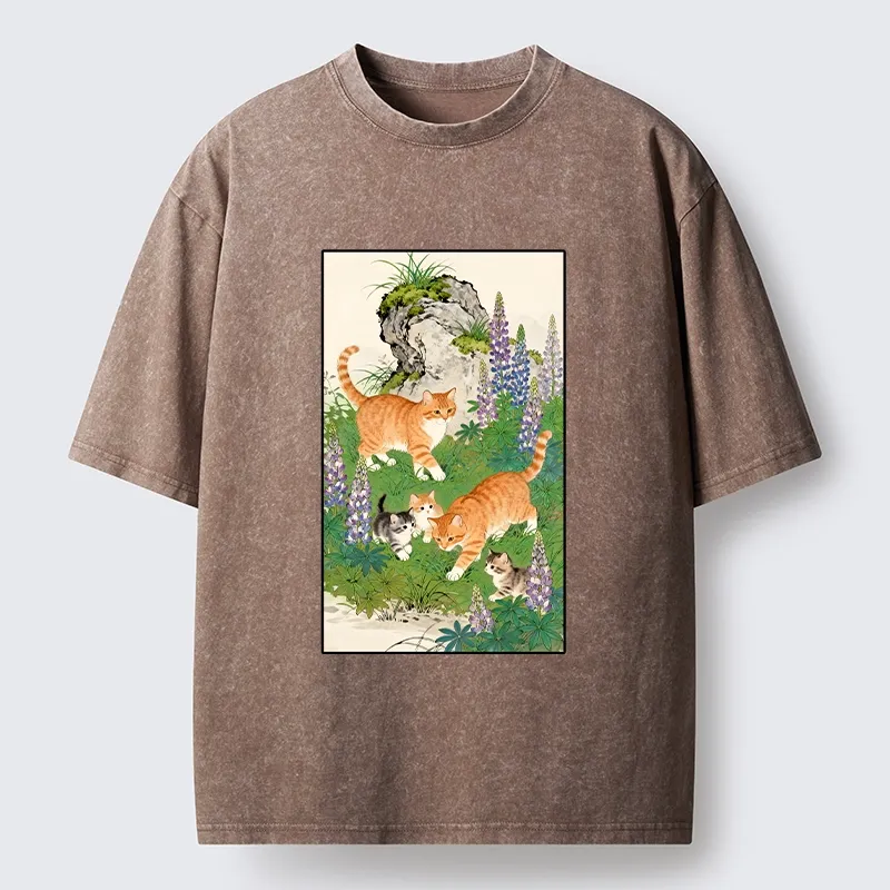 Tokyo-Lion Tabby Cats In Garden Meme Washed T-Shirt