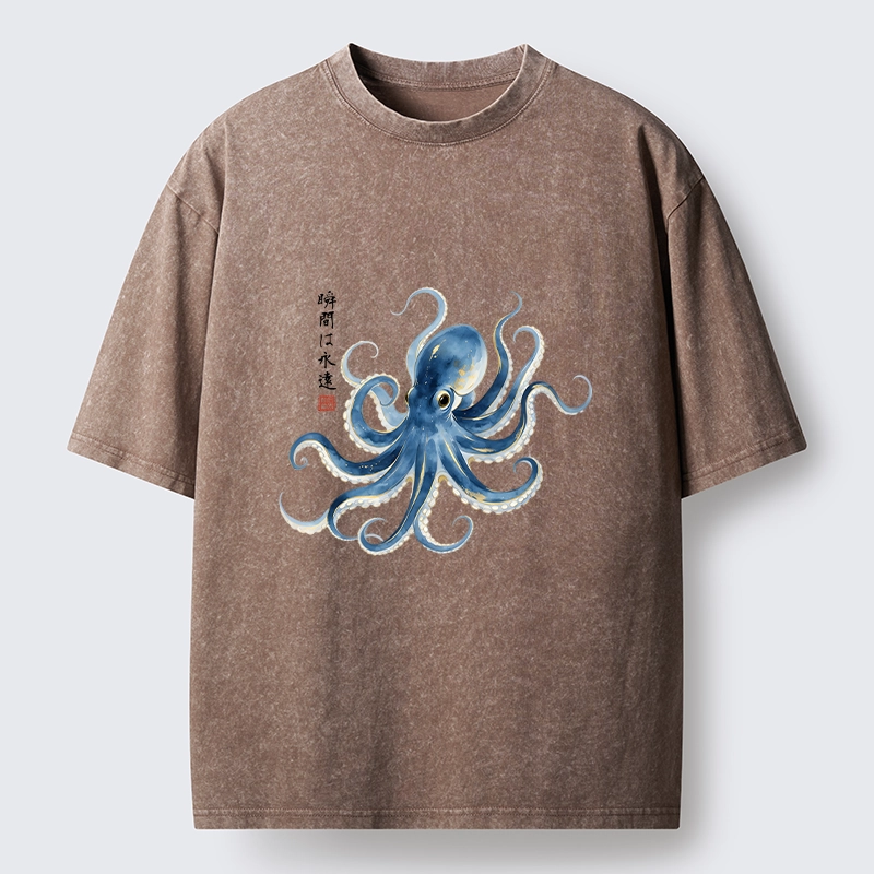Tokyo-Lion Stylish Blue Octopus Japanese Washed T-Shirt