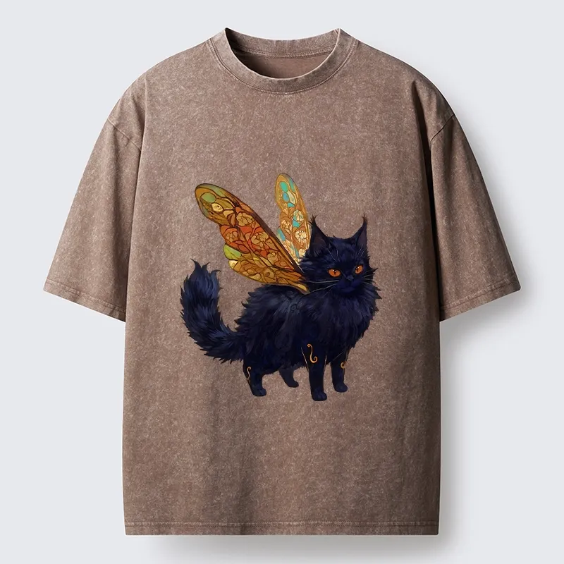 Tokyo-Lion Funny Fairy Black Cat Art Washed T-Shirt