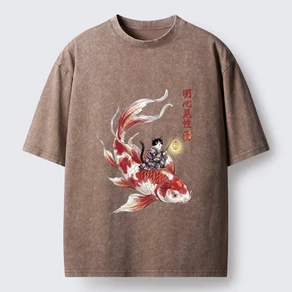 Tokyo-Lion Cute Kimono Cat On Koi Fish Washed T-Shirt