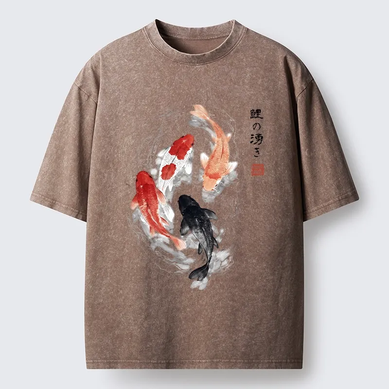 Tokyo-Lion Koi Fish Flow In Traditional Ink Style Washed T-Shirt