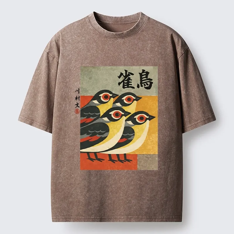 Tokyo-Lion Cute Sparrows In Retro Japanese Print Washed T-Shir