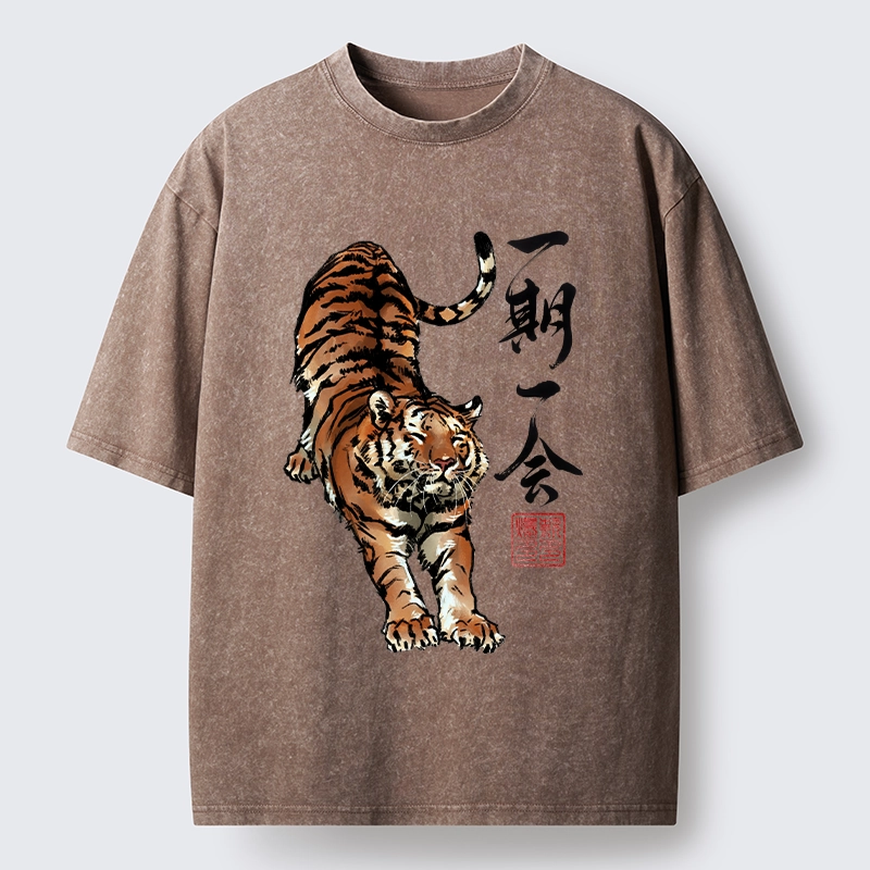 Tokyo-Lion Japanese Ink Tiger Art Washed T-Shirt
