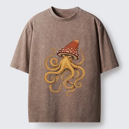 Tokyo-Lion Mushroom Octopus Fantasy Art Washed T-Shirt