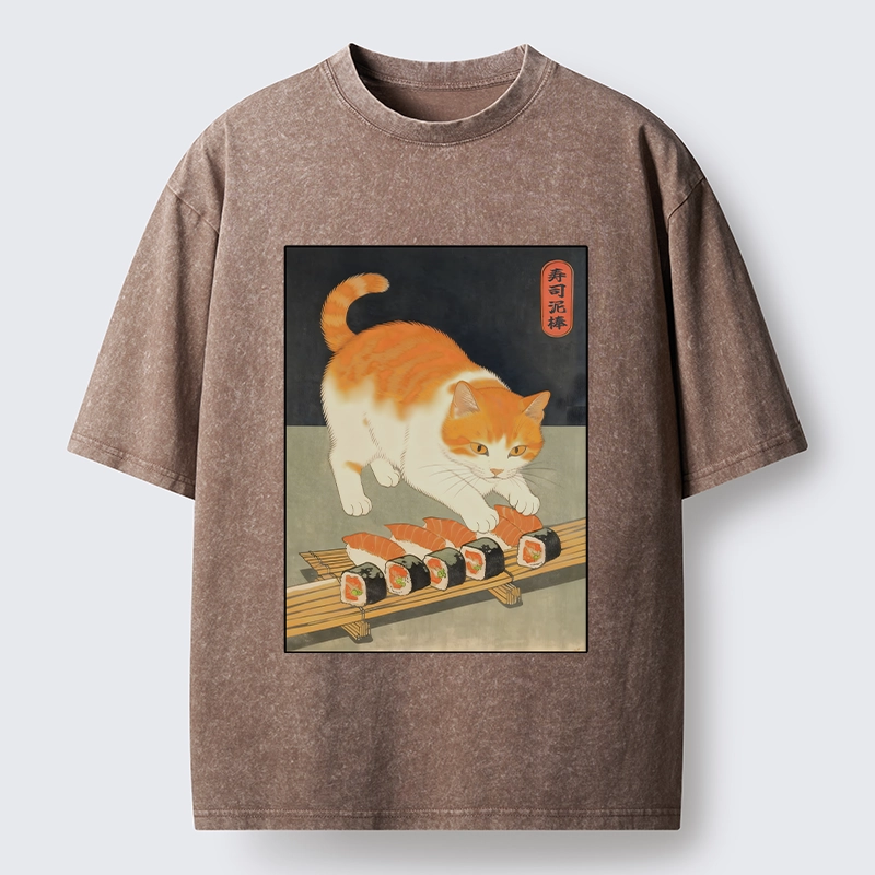 Tokyo-Lion Cat Trying To Steal Sushi Washed T-Shirt