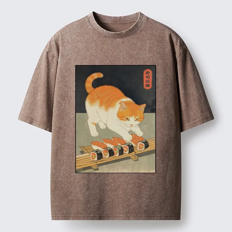 Tokyo-Lion Cat Trying To Steal Sushi Washed T-Shirt