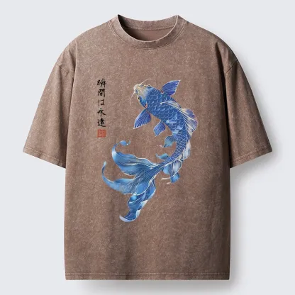 Tokyo-Lion Lucky Blue Koi Fish Art Washed T-Shirt