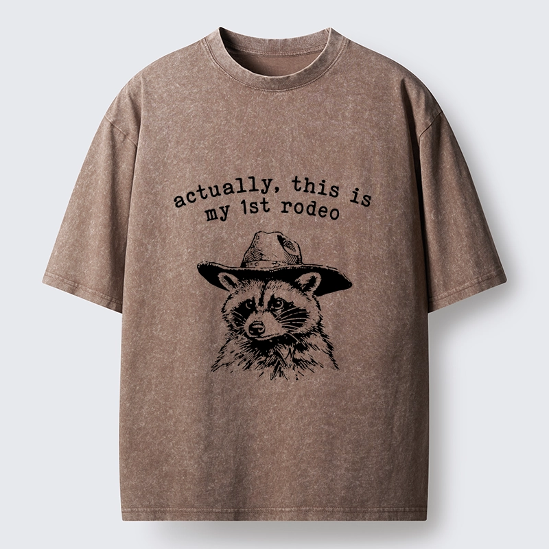 Tokyo-Lion Cowboy Raccoon First Rodeo Meme Washed T-Shirt