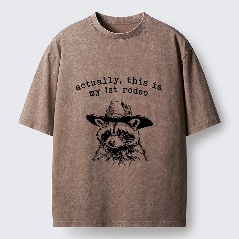 Tokyo-Lion Cowboy Raccoon First Rodeo Meme Washed T-Shirt