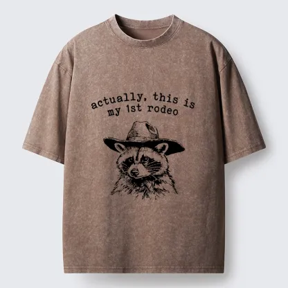 Tokyo-Lion Cowboy Raccoon First Rodeo Meme Washed T-Shirt