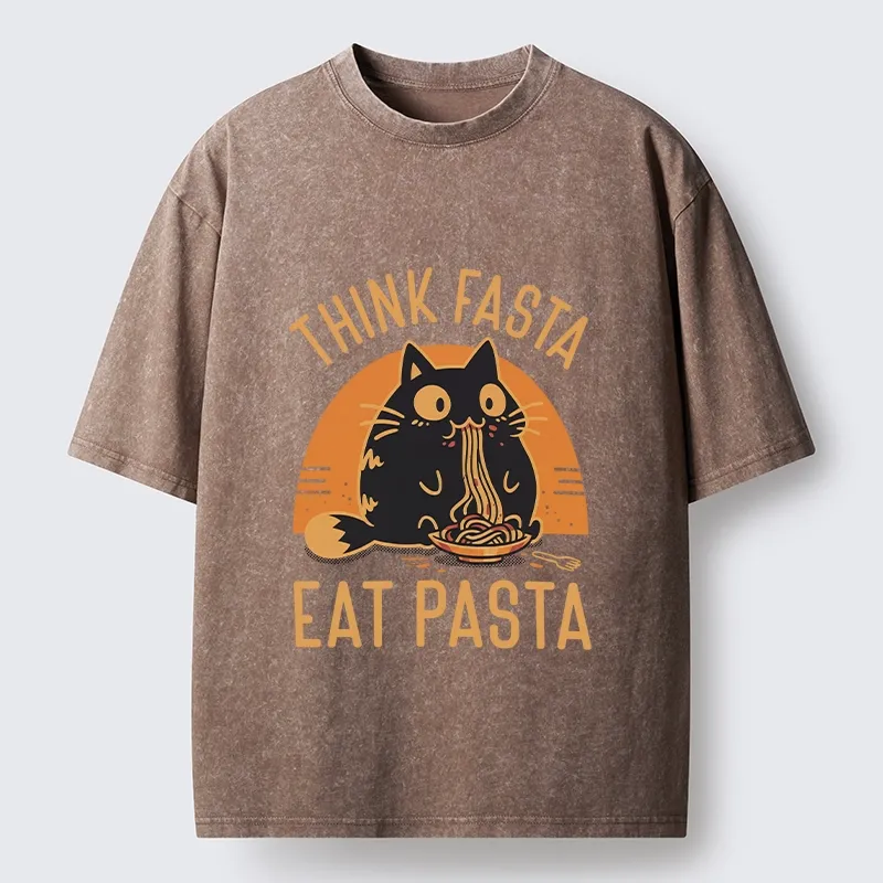 Tokyo-Lion Cute Black Cat Eating Pasta Washed T-Shirt