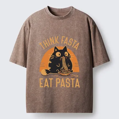 Tokyo-Lion Cute Black Cat Eating Pasta Washed T-Shirt