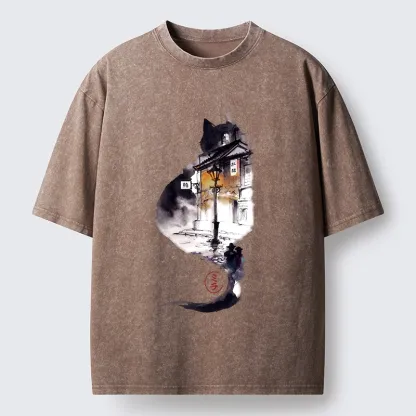 Tokyo-Lion Black Cat Night Street Silhouette Washed T-Shirt