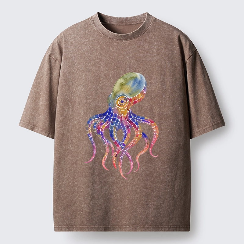 Tokyo-Lion Watercolor Octopus Art Washed T-Shirt