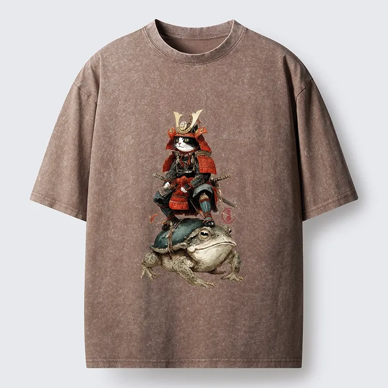Tokyo-Lion Japanese Samurai Cat Warrior Washed T-Shirt