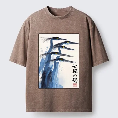 Tokyo-Lion Blue Herons Japanese Ink Art Washed T-Shirt