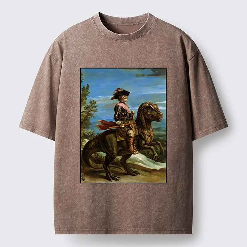 Tokyo-Lion Fancy Cat Knight On Dinosaur Washed T-Shirt