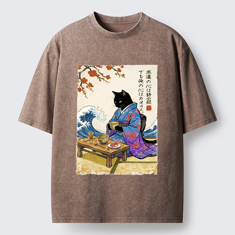 Tokyo-Lion Black Cat Tea Ceremony Japan Washed T-Shirt