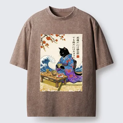 Tokyo-Lion Black Cat Tea Ceremony Japan Washed T-Shirt