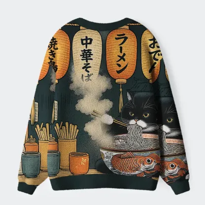 Tokyo-Lion Fat Cat Eating Ramen Ugly Cardigan Sweater