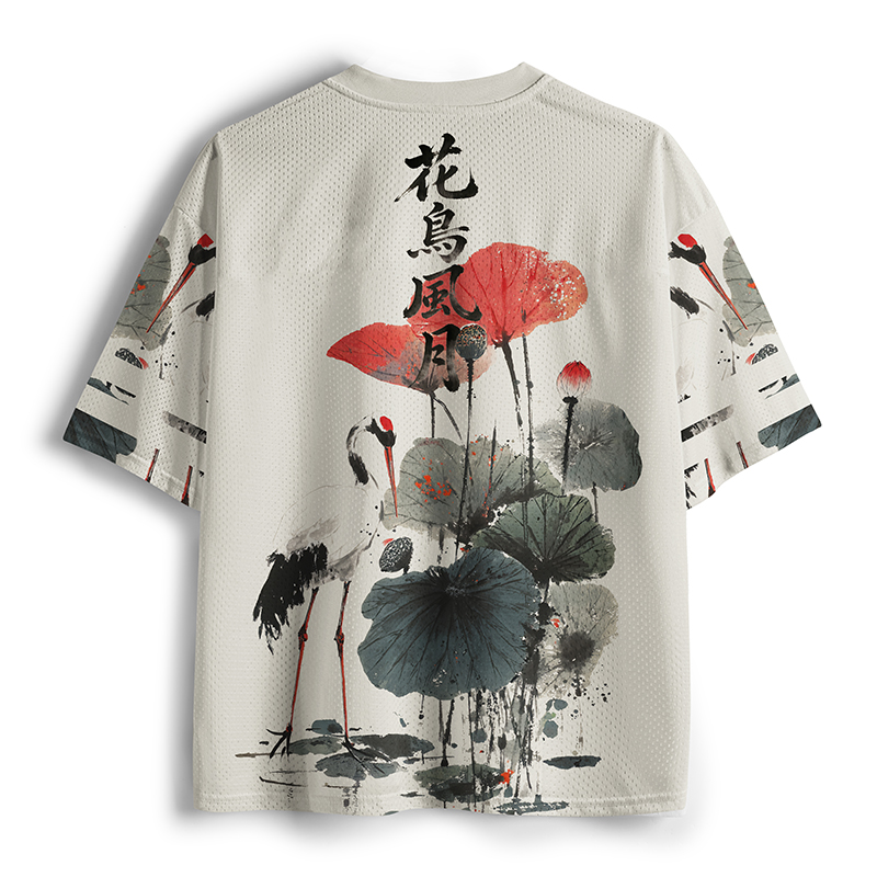 Tokyo-Lion White Crane Among Lotus Mesh Jersey-Tokyo-Lion
