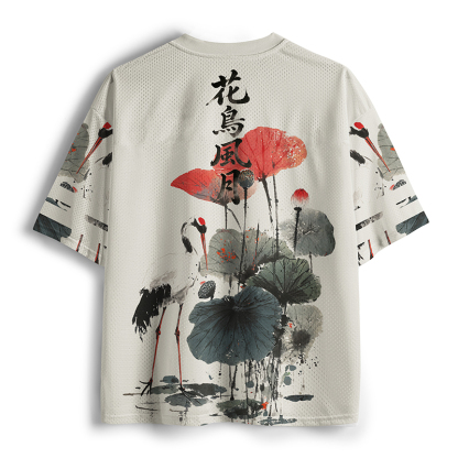 Tokyo-Lion White Crane Among Lotus Mesh Jersey-Tokyo-Lion