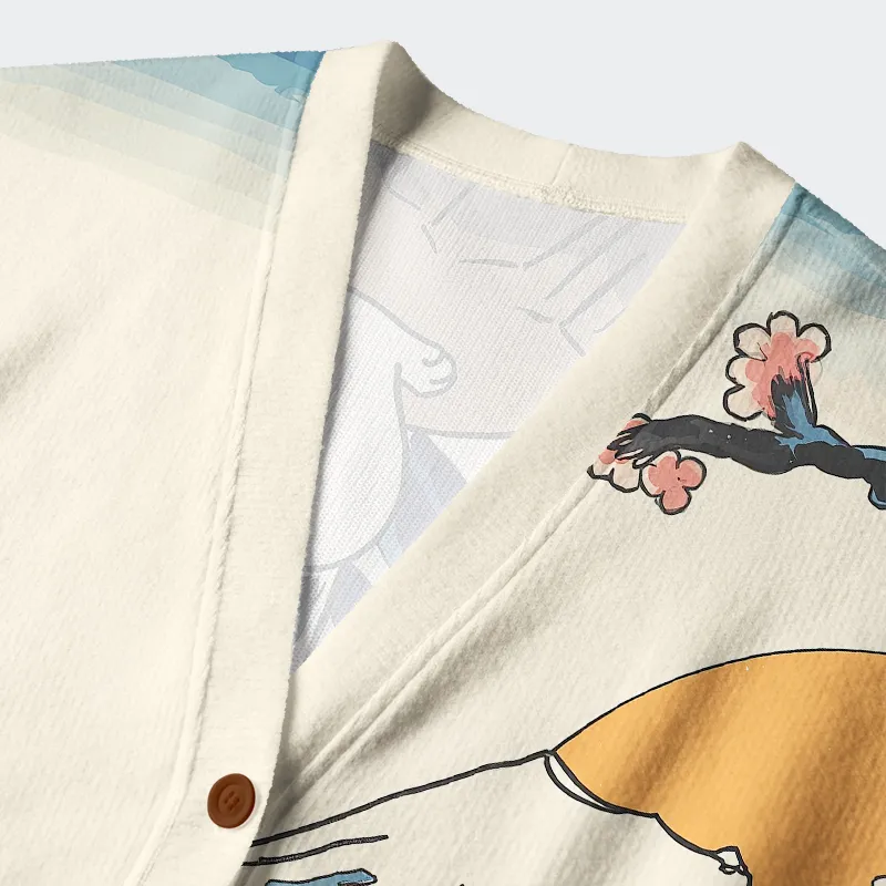 Tokyo-Lion Cat Looking At The Great Wave Ugly Cardigan Sweater