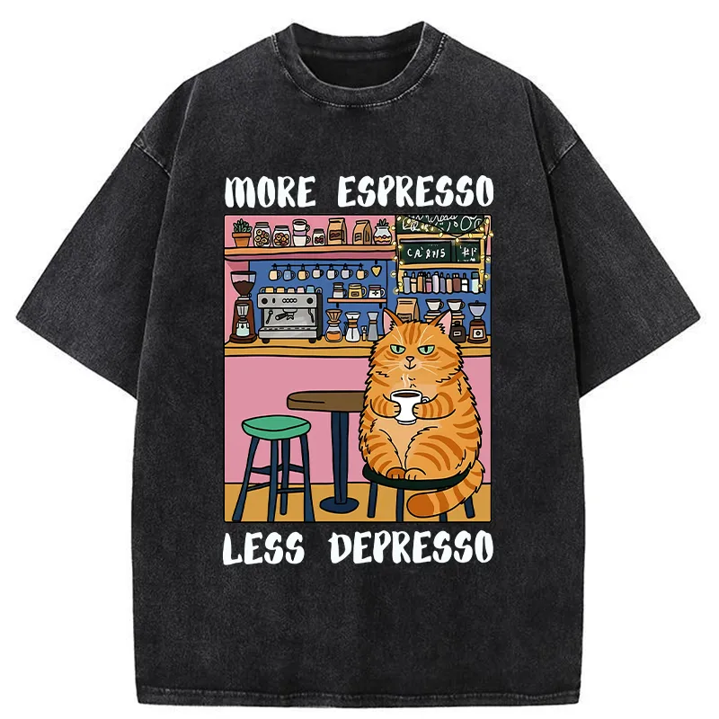Tokyo-Lion Orange Cat Drinking Espresso Washed T-Shirt