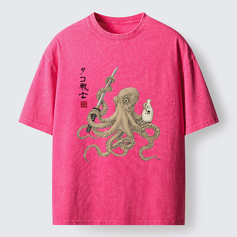 Tokyo-Lion Octopus Samurai And Sake Washed T-Shirt