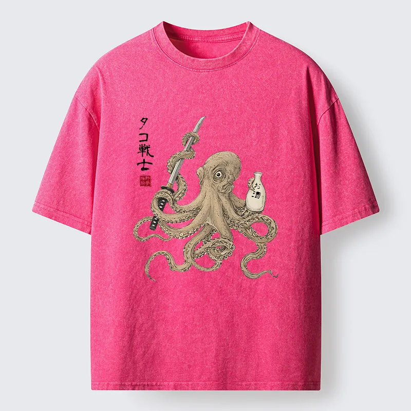 Tokyo-Lion Octopus Samurai And Sake Washed T-Shirt