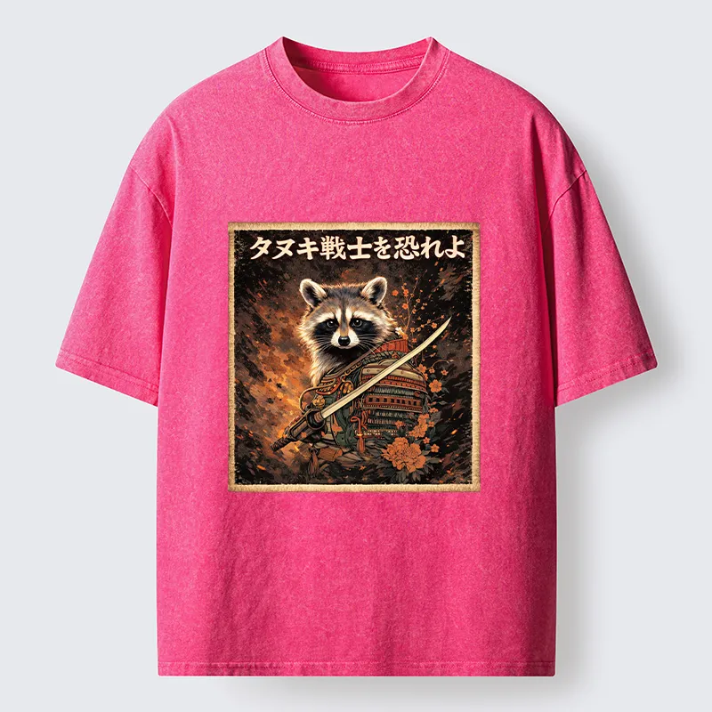 Tokyo-Lion Japanese Raccoon Samurai Funny Washed T-Shirt