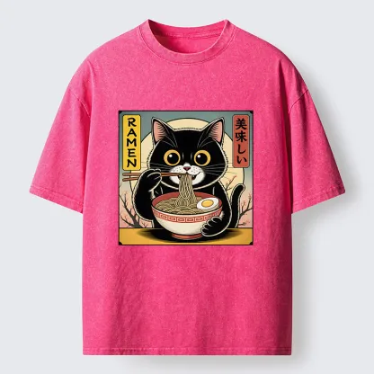 Tokyo-Lion Black Cat Eats A Big Bowl Of Ramen Funny Washed T-Shirt