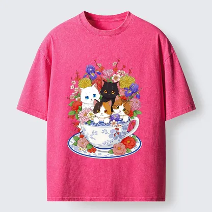 Tokyo-Lion Four Adorable Kittens Washed T-Shirt