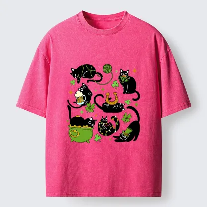 Tokyo-Lion St Patrick's Day Black Cat Funny Washed T-Shirt