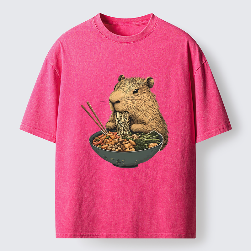 Tokyo-Lion Capybara Eating Ramen Funny Washed T-Shirt