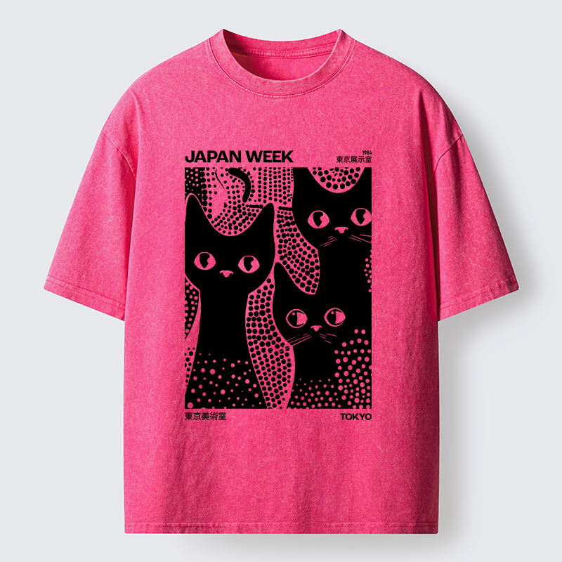 Tokyo-Lion Black Cat Polka Dot Art Washed T-Shirt