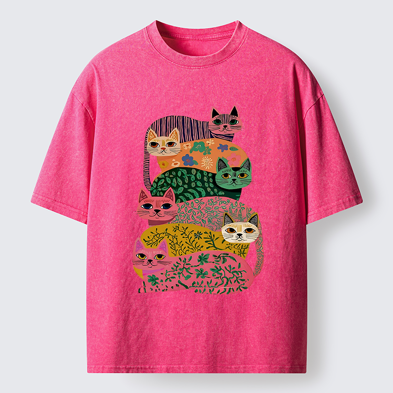 Tokyo-Lion Colorful Cats Washed T-Shirt