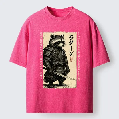 Tokyo-Lion Raccoon Japanese Samurai Washed T-Shirt