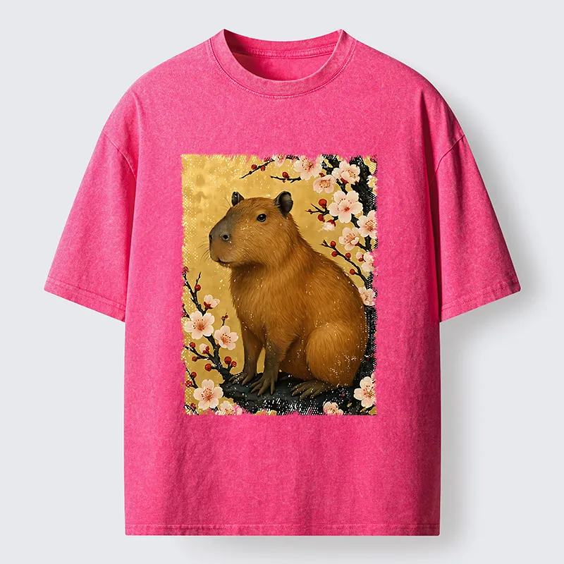 Tokyo-Lion Capybara And Sakura Washed T-Shirt