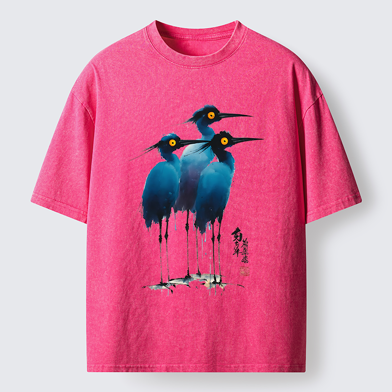 Tokyo-Lion Great Blue Heron Ink Painting Washed T-Shirt